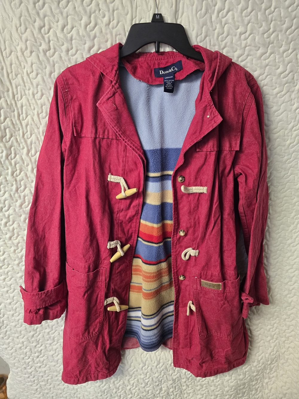 Denim & Co Red Hooded Button & Toggle Close Denim Jacket Fleece Lined Vintage